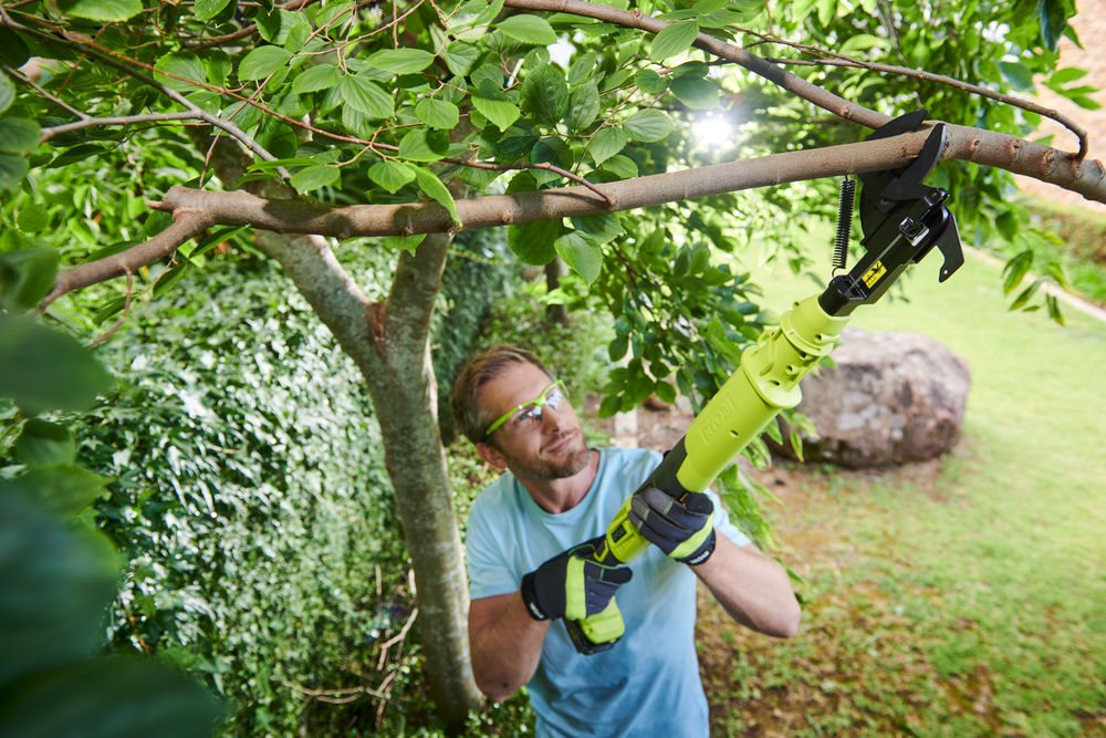 Mężczyzna używa sekatora ręcznego do przycinania krzewów