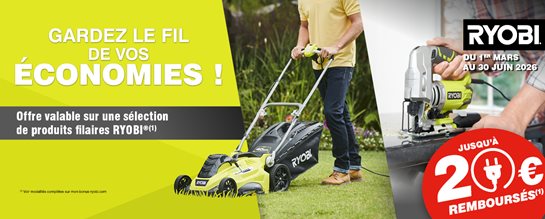 Du 1er mars au 30 juin 2026, profitez de jusqu’à 20 € remboursés sur une sélection de produits filaires RYOBI®.