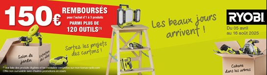 Du 05/04/2025 au 16/08/2025, Ryobi® vous rembourse jusqu’à 50€ pour 1 outil éligible et jusqu’à 150€ remboursés pour 3 outils éligibles achetés au sein d’un point de vente participant.