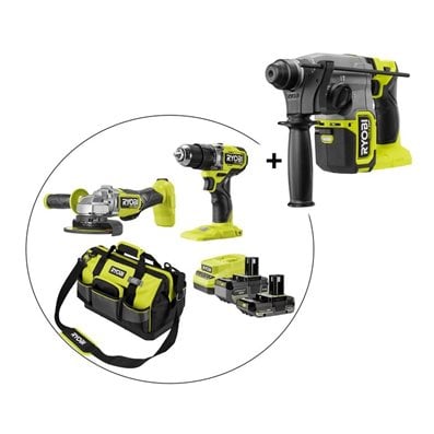 Pack Taladro percutor + Martillo combinado 2.5J + Amoladora 125mm Sin escobillas 18V ONE+™ (1x 4.0Ah y 1x 2.0Ah)