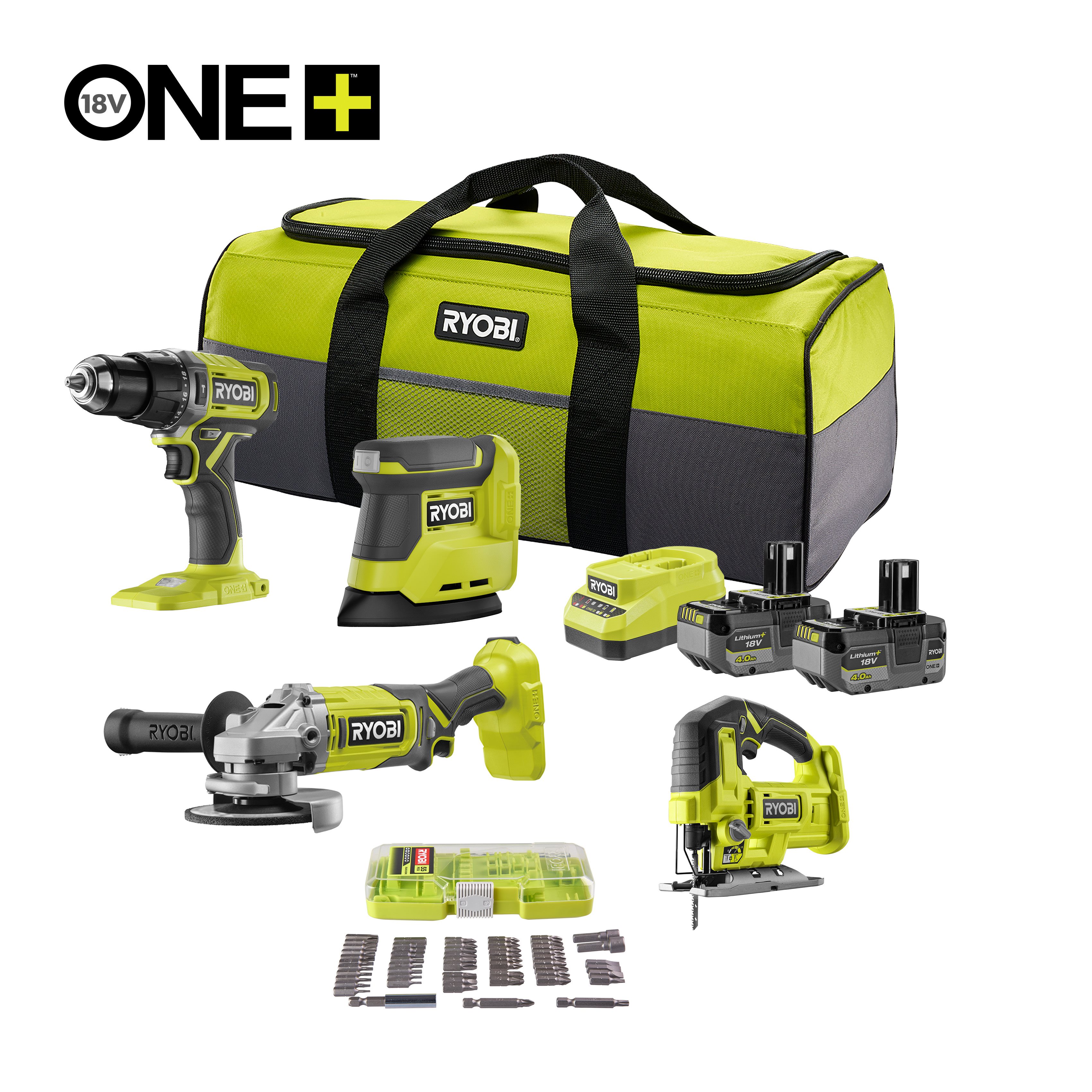 Pack de 4 herramientas, taladro percutor + amoladora 125 mm + sierra de calar + lijadora triangular + accesorios 18V ONE+™ (2x 4.0Ah)_hero_0
