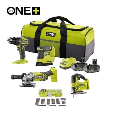 Pack de 4 herramientas, taladro percutor + amoladora 125 mm + sierra de calar + lijadora triangular + accesorios 18V ONE+™ (2x 4.0Ah)