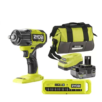 Llave de impacto sin escobillas 900Nm 18V ONE+™ + Bateria 4ah + Cargador + Juego de 10 vasos + Bolsa de transporte