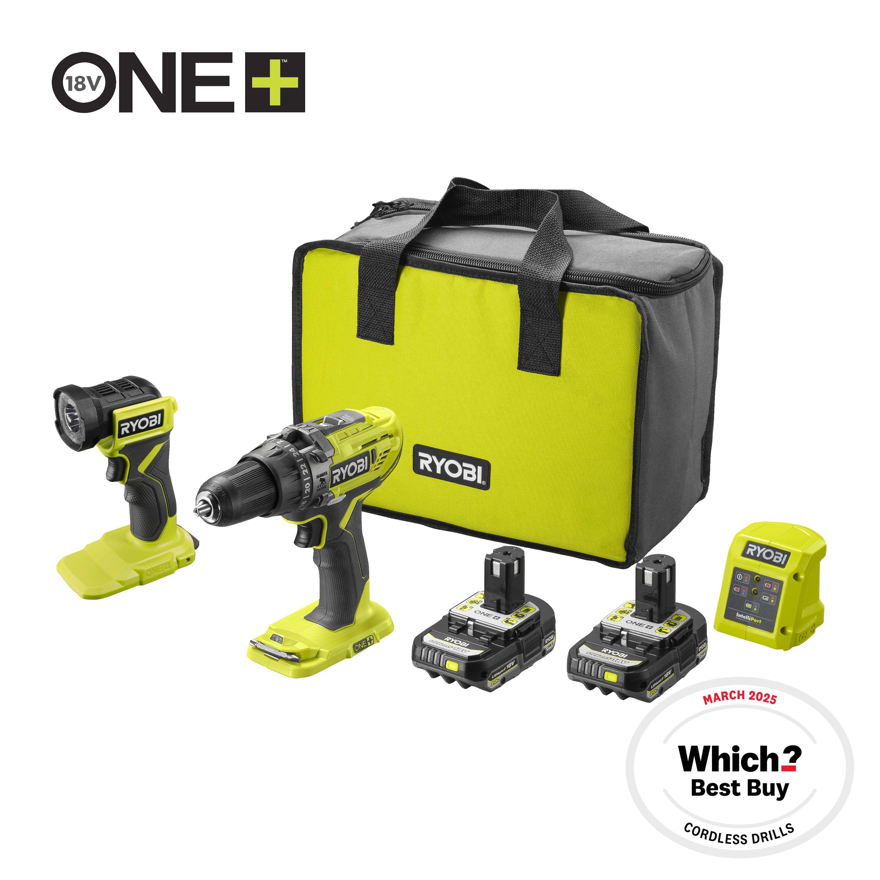 Cordless Combi Drill Torch Starter Kit RYOBI 18V ONE+
