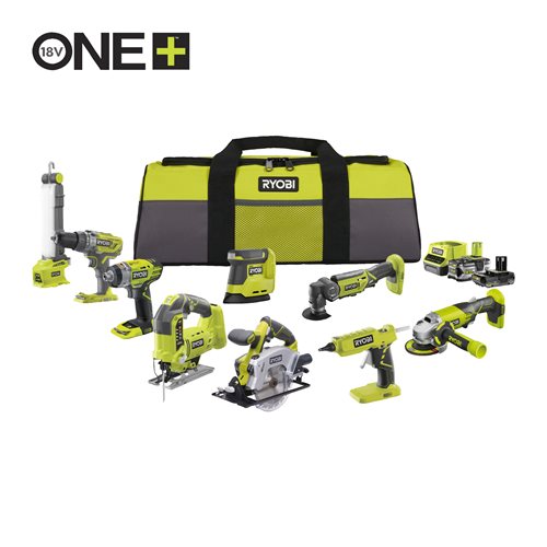 Pack de 9 herramientas, taladro percutor + atornillador de impacto + amoladora angular + multiherramienta + pistola de pegamento + sierra circular + sierra de calar + luz de área plegable + lijadora triangular18V ONE+™ (1x 5.0Ah y 1x 2.0Ah)_hero