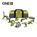 Pack de 9 herramientas, taladro percutor + atornillador de impacto + amoladora angular + multiherramienta + pistola de pegamento + sierra circular + sierra de calar + luz de área plegable + lijadora triangular18V ONE+™ (1x 5.0Ah y 1x 2.0Ah)