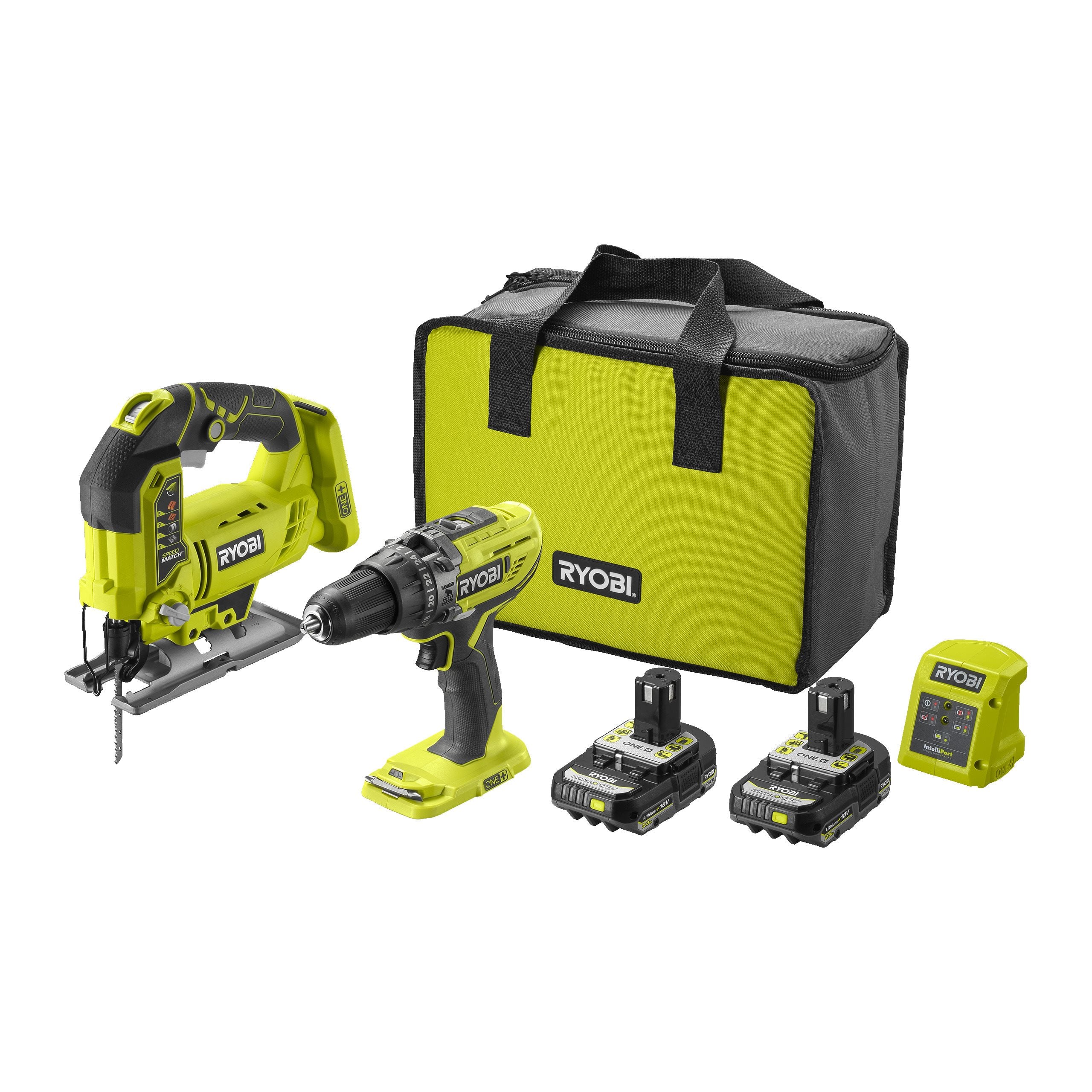 Ryobi Light 18V One+ Cordless Combi Drill & Jigsaw Starter Kit (2 X 2.0Ah)