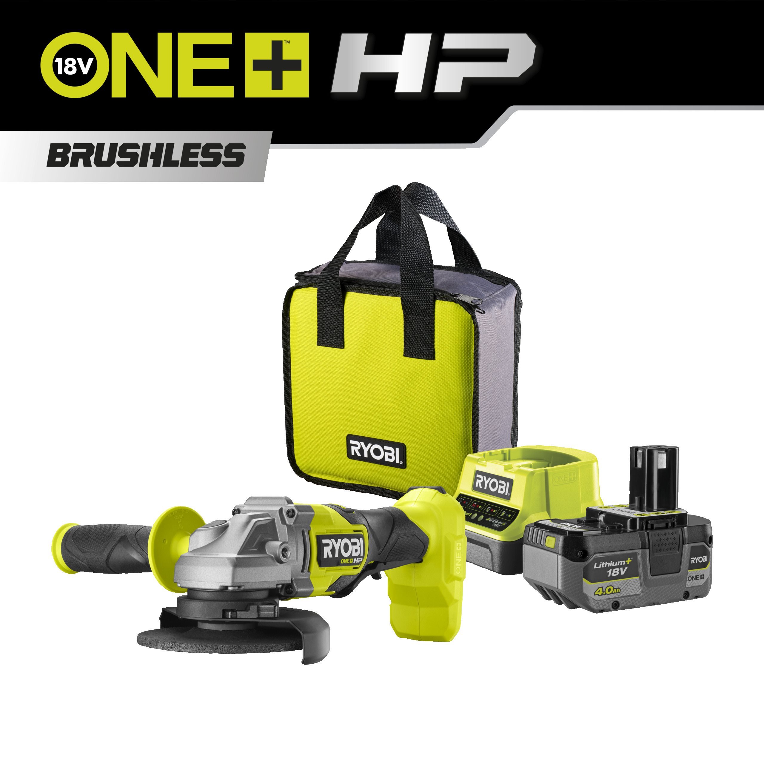 Ryobi Bezszczotkowa szlifierka kątowa 18V HP ONE+ w zestawie z akumulatorem 4.0 Ah, ładowarką i torbą RAG18X-1C40S