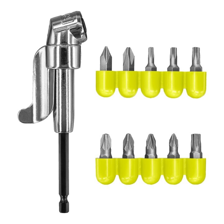 Right Angle Drill Adapter + Screwdriver Bits, 11 Pieces