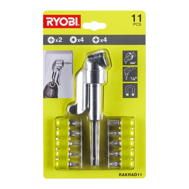 Right Angle Drill Adapter + Screwdriver Bits, 11 Pieces