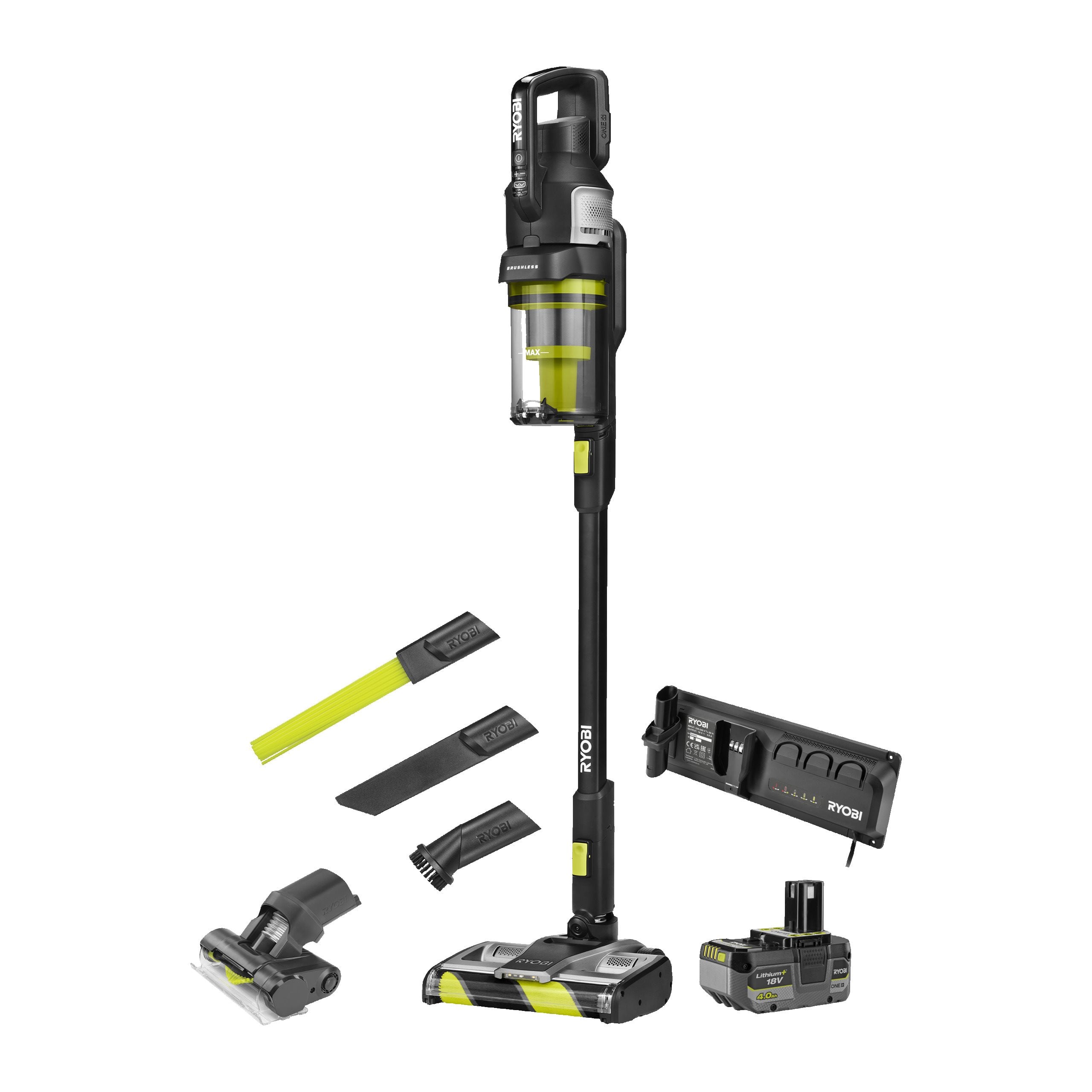 Ryobi 18V One+ Cordless Brushless Anti Tangle Stick Vacuum Starter Kit (1 X 4.0Ah)