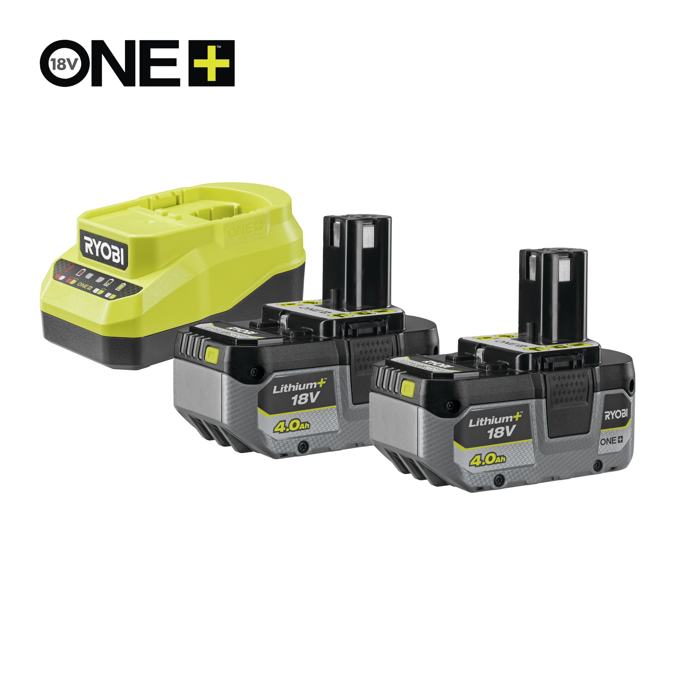 Ryobi Kit cargador 2A + 2 baterías 4.0Ah 18V ONE+™ Lithium+™ (1x 4.0Ah) · RC18120A-240X