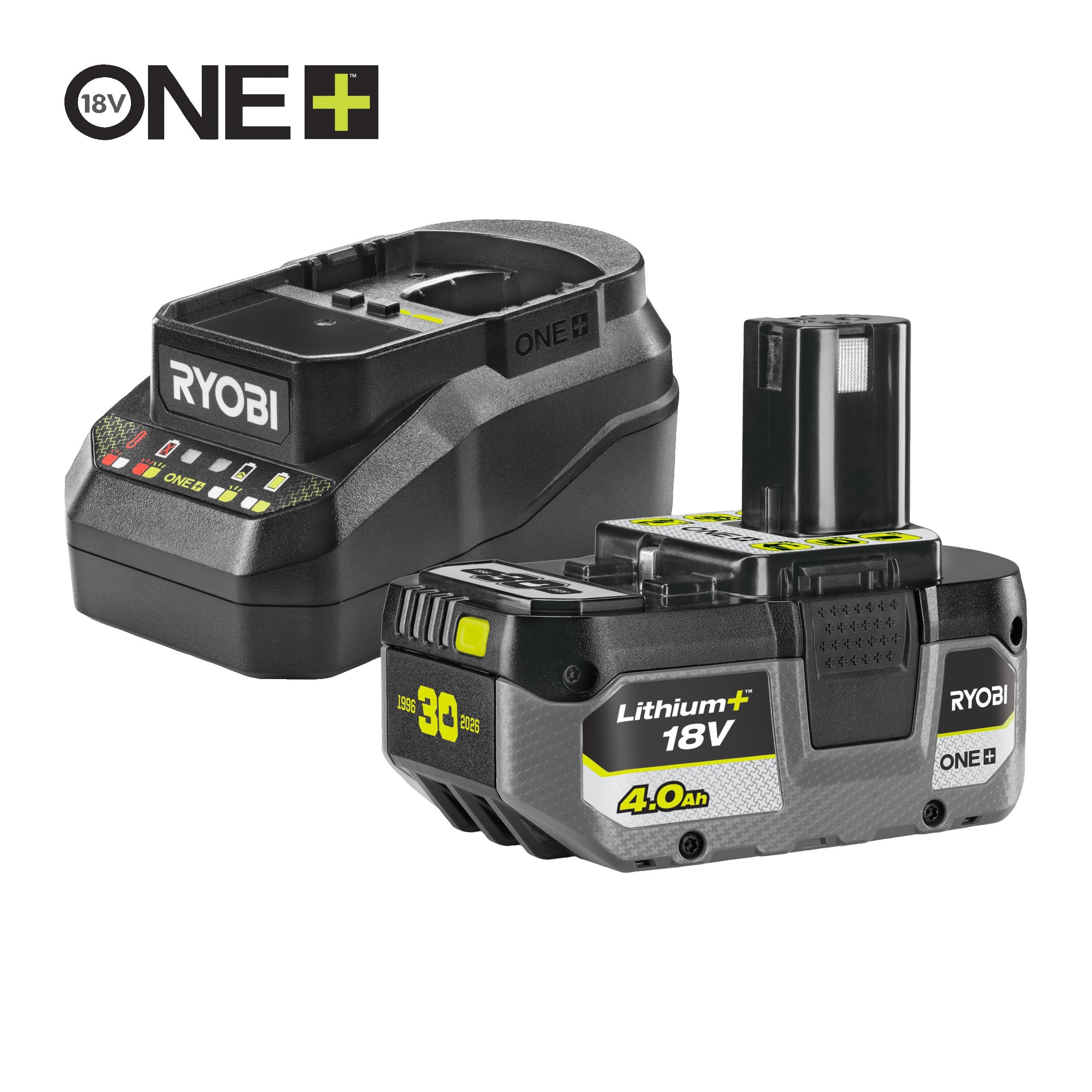 Pack batterie 4 0Ah RYOBI 18V One+ LithiumPlus et chargeur rapide 2.0Ah RC18120B