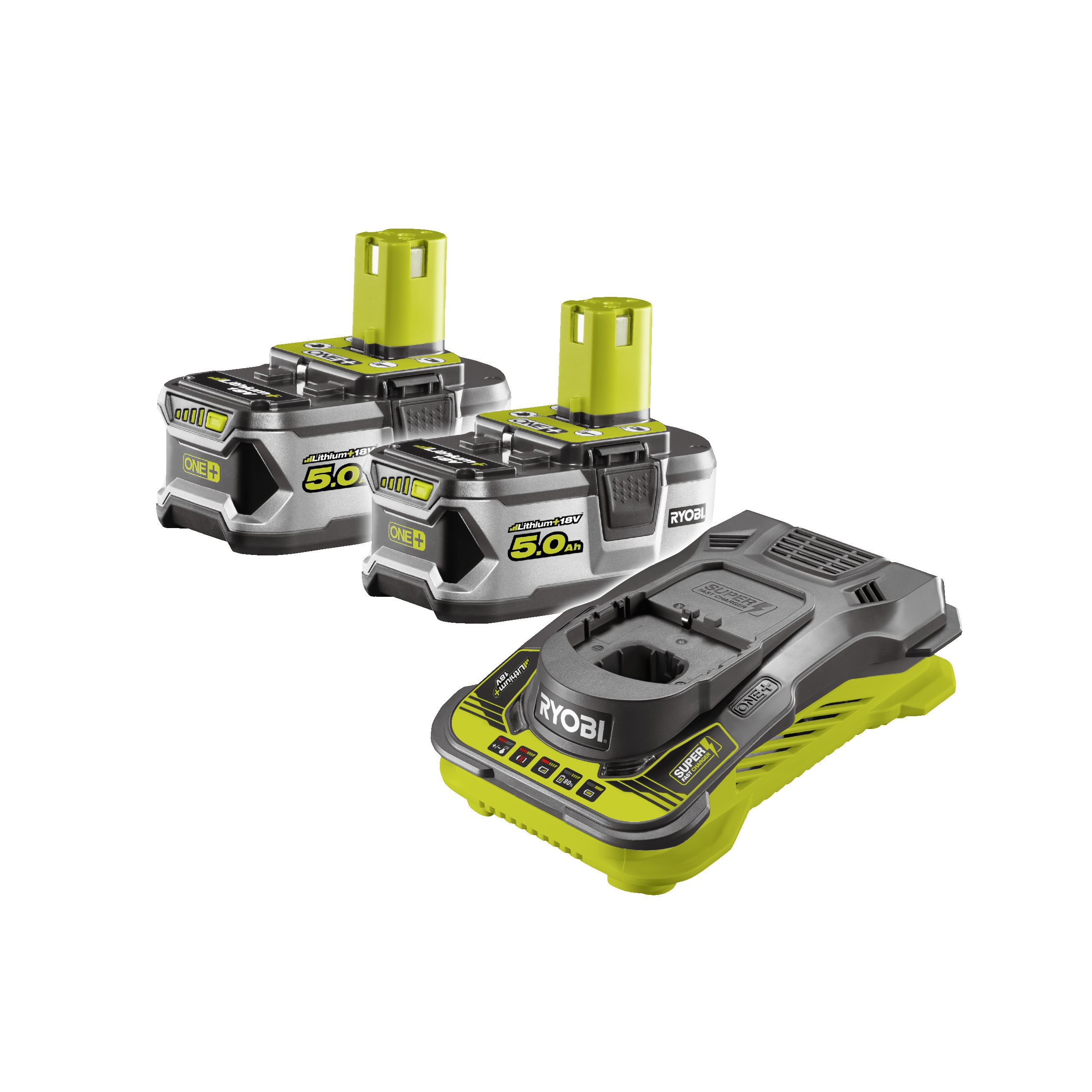 RYOBI Pack Batterie 18V One+ RC18150 250 – 1 Chargeur Rapide + 2 Batteries 5.0Ah Lithium+ Grandes capacitées Compatibles Tous Outils One+ Bricolage et Jardinage