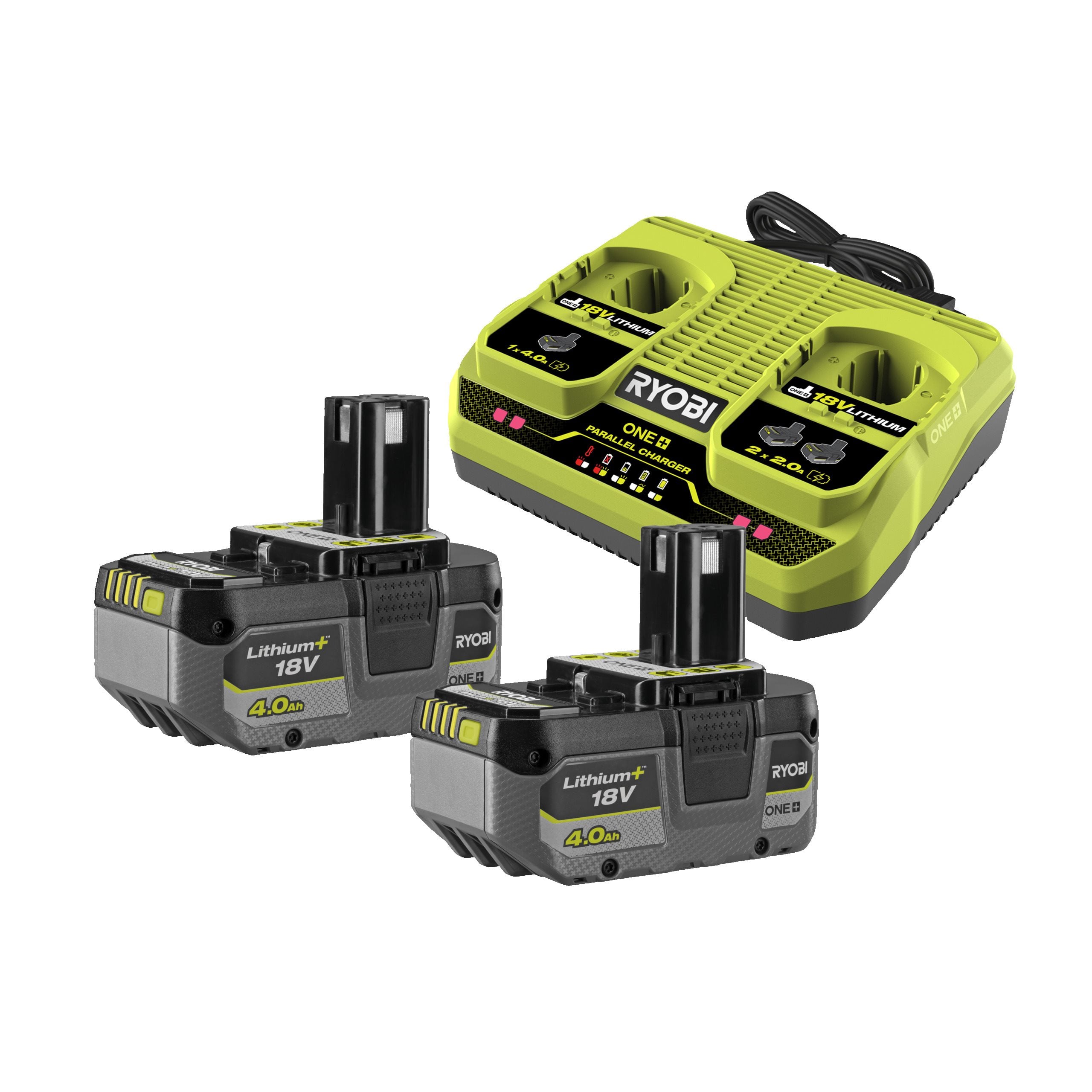 Ryobi 18V One+ Lithium+ 2 X 4.0Ah Battery & Dual Port Charger Kit