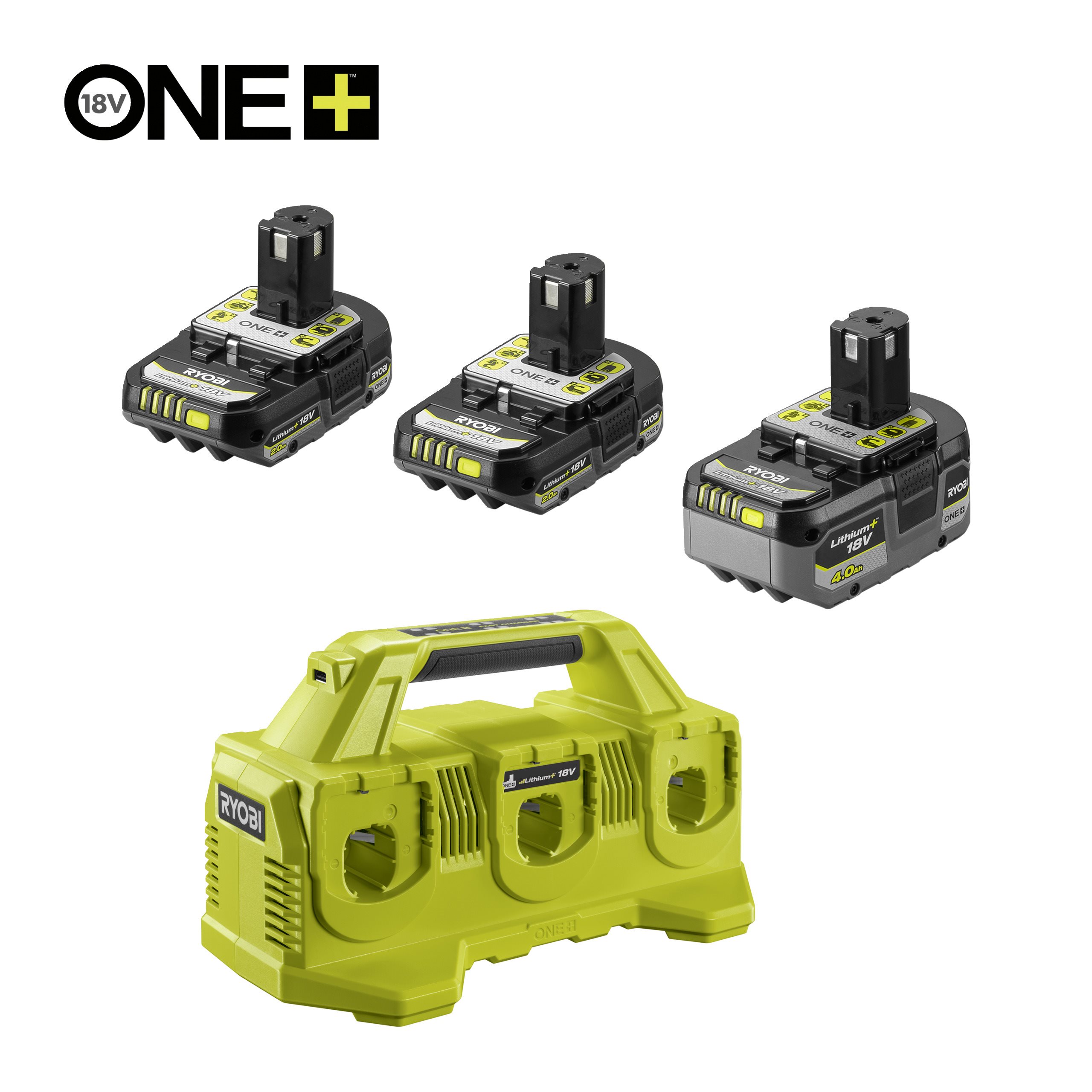 Ryobi Cargador de 6 puertos y de 3 baterías 18V ONE+™ (2x 2.0Ah y 1x 4.0Ah) · RC18640-3422