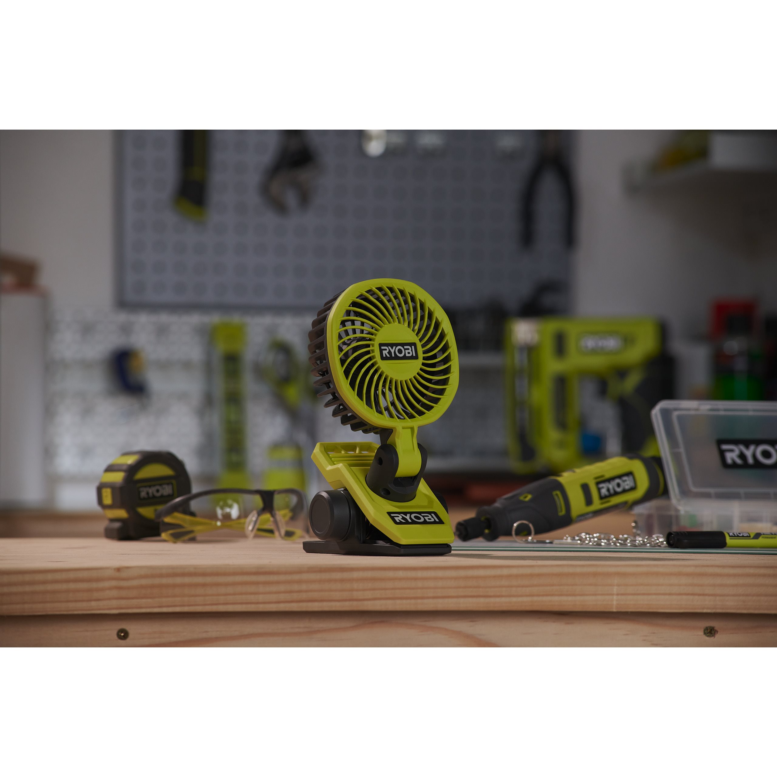RYOBI ONE+ 18V Cordless Clamp Fan – 10cm Portable Fan, 2‑Speed, Fits Anywhere