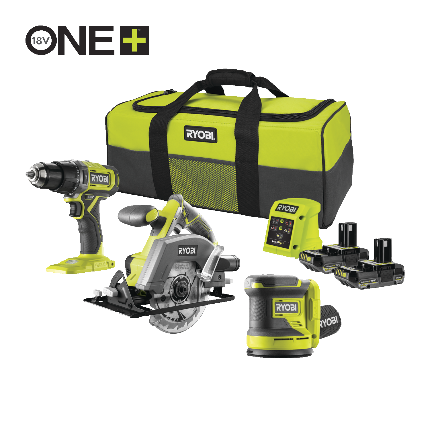 18V ONE Cordless Combi Drill Circular Saw Random Orbital Sander Starter Kit RYOBI RCK183DL 2C20S