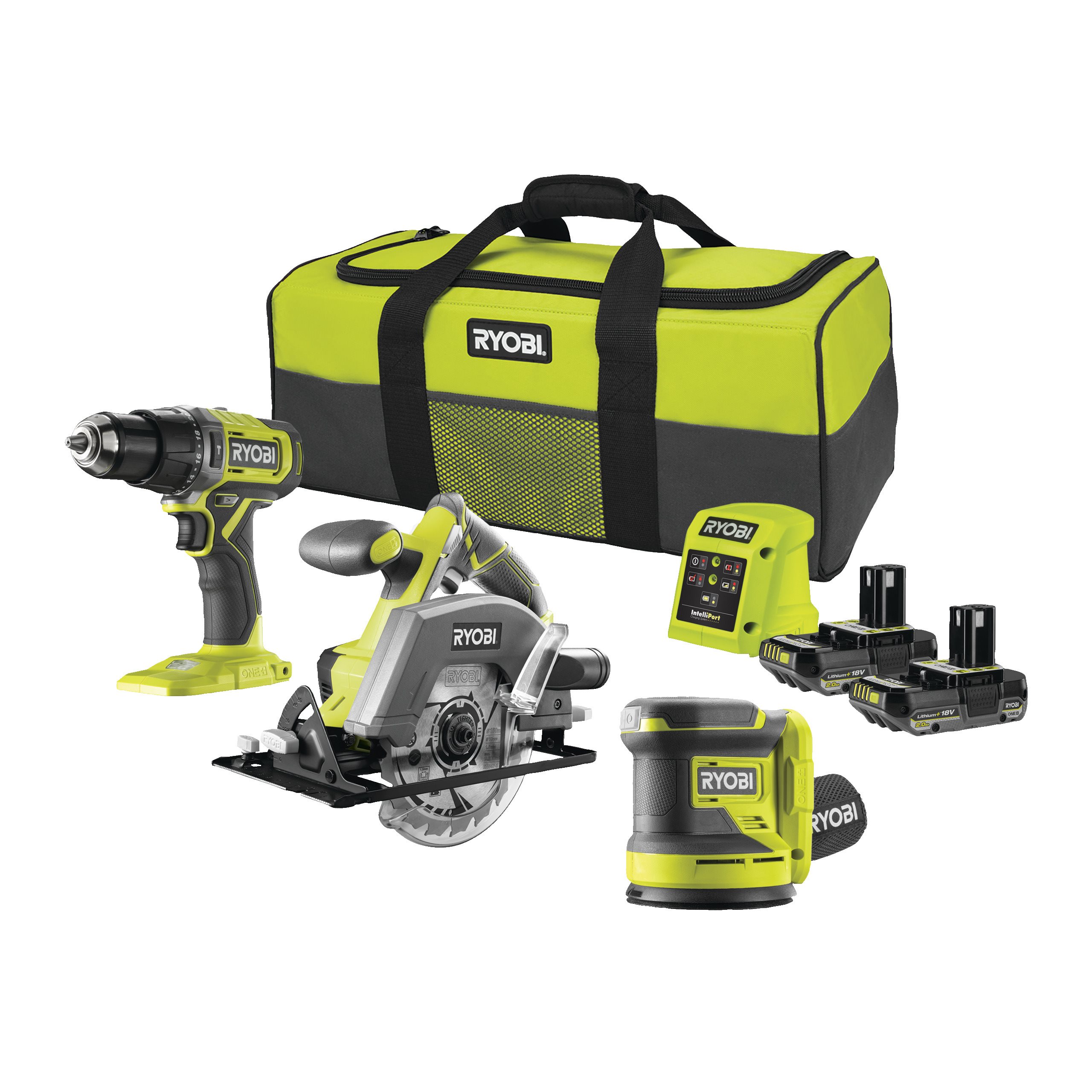 Ryobi 18V One+ Cordless Combi Drill, Circular Saw & Random Orbital Sander Starter Kit (2 X 2.0Ah)