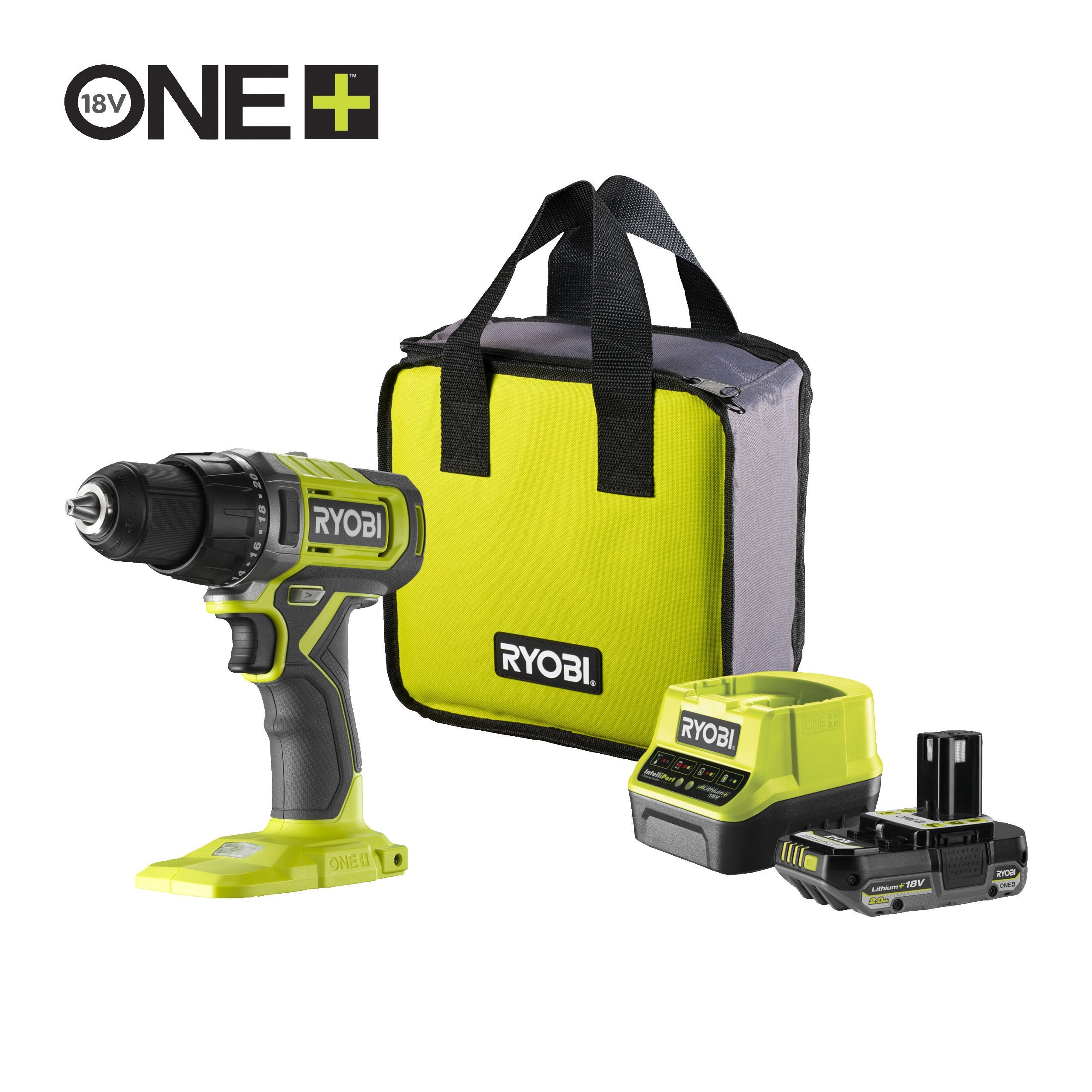Ryobi Wiertarko-wkrętarka 18V ONE+ w zestawie z akumulatorem 2.0 Ah z ładowarką i torbą RDD18-1C20S