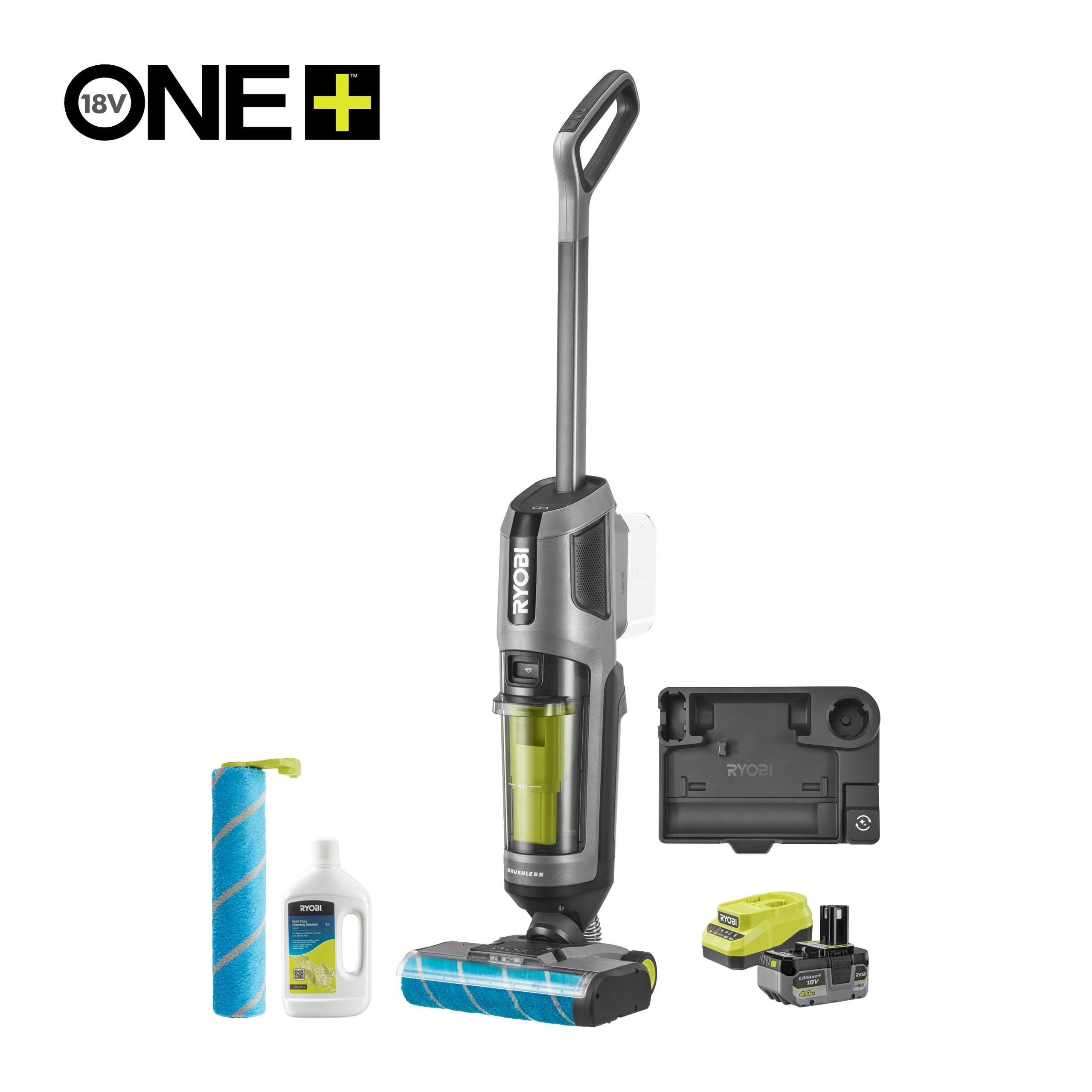 Ryobi Odkurzacz myjący 3w1 18V ONE+ w zestawie z akumulatorem 4.0 Ah, ładowarką, detergentem i zapasową rolką z mikrofibry oraz filtrem RHFC18BL-1X40GL