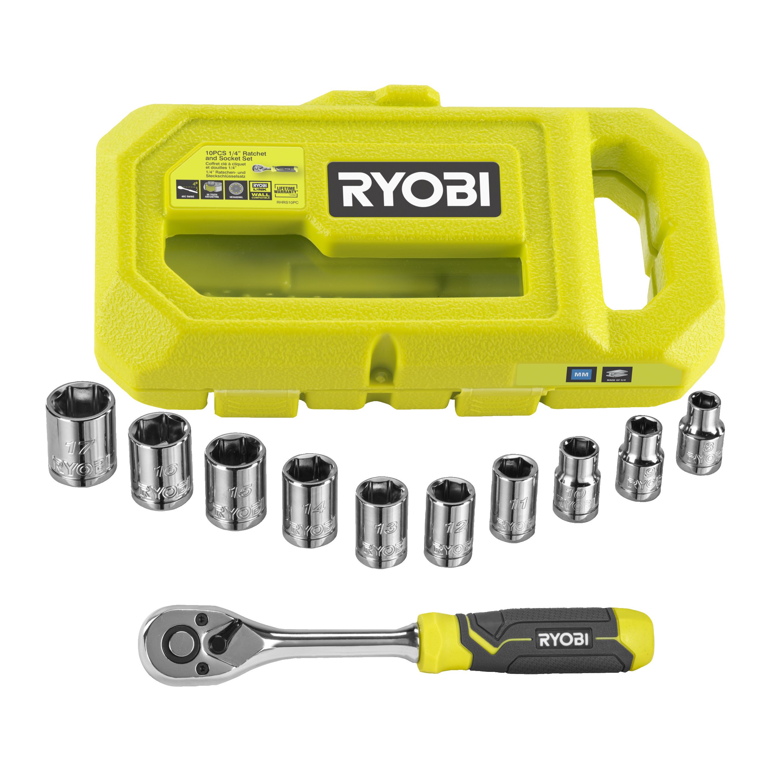 1 4 Drive Ratchet and Sockets Set 10 Pieces RYOBI RHRS10PC