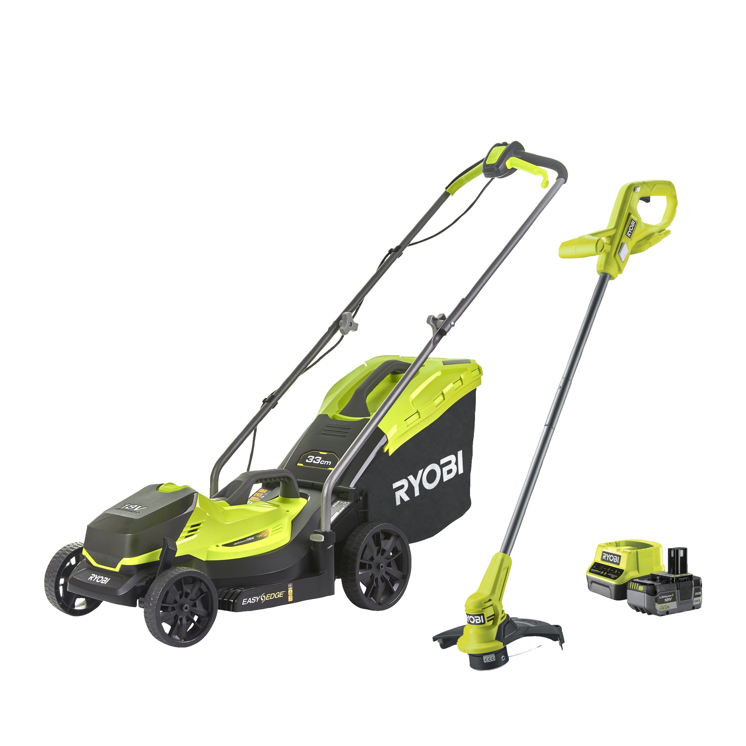 Ryobi 18V One+ Cordless 33Cm Lawn Mower & 23Cm Grass Trimmer (1 X 5.0Ah)