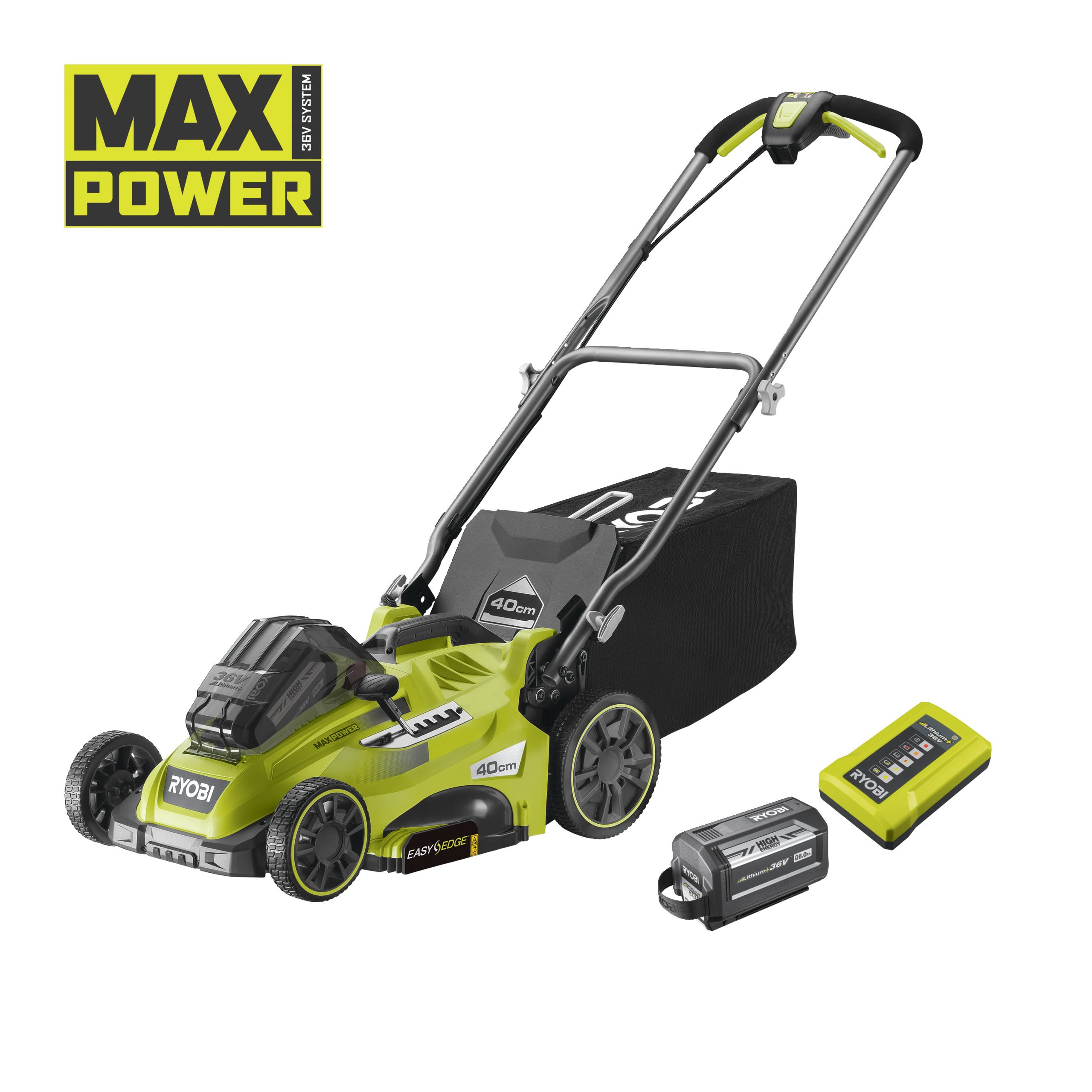 RYOBI Tondeuse 36V Power Assist™ Ø coupe 40 cm ramassage et mulching + batterie 6 0 Ah High Energy et chargeur RLM36X41H60PG - vue 4