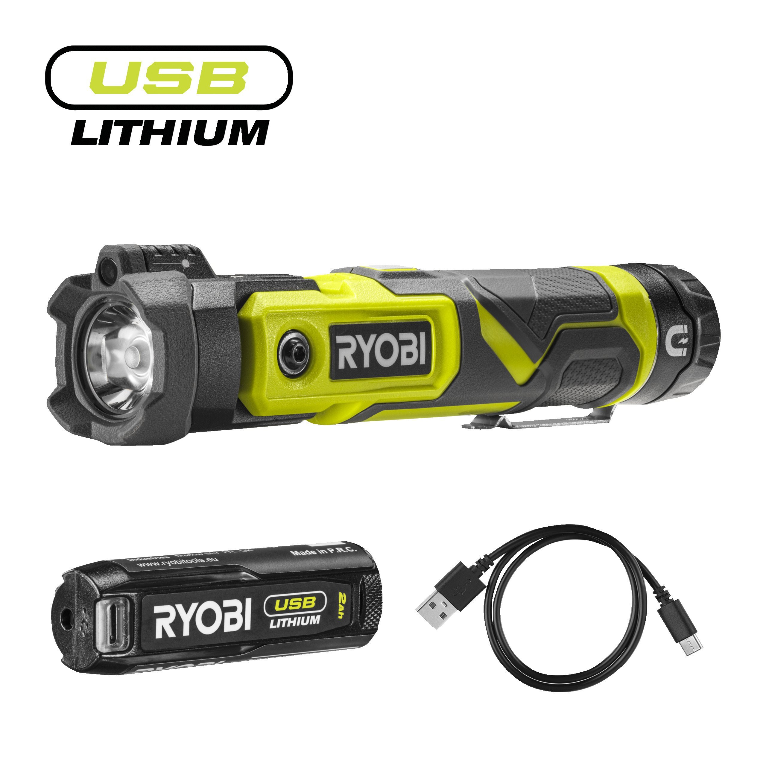 Ryobi Latarka z obrotową głowicą 4V USB Lithium z akumulatorem 2.0Ah i kablem do ładowania RLP4-120G