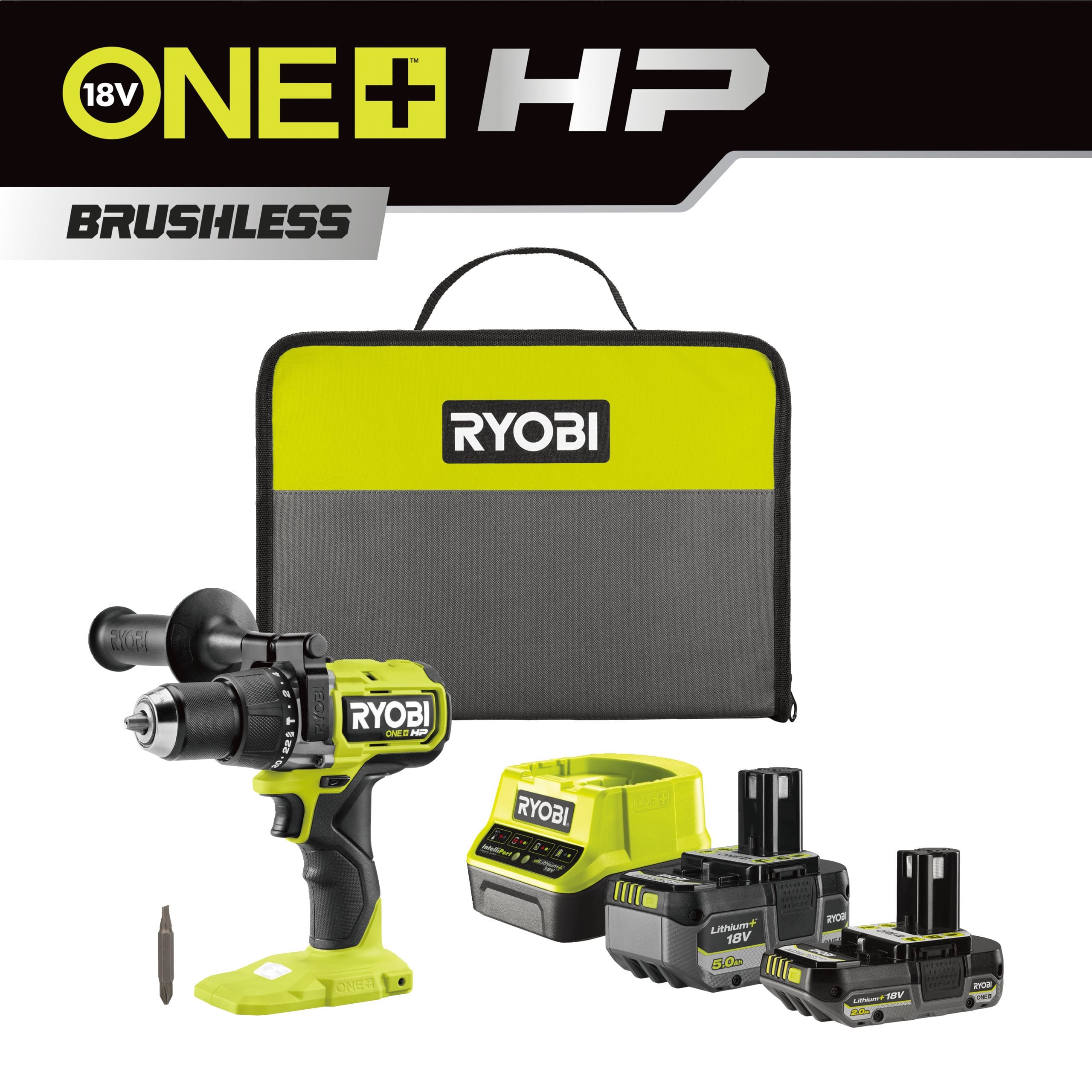 Ryobi Wiertarko-wkrętarka udarowa bezszczotkowa 18V ONE+ z akumulatorami 5.0 Ah i 2.0 Ah z ładowarką i torbą RPD18X1-2C52S