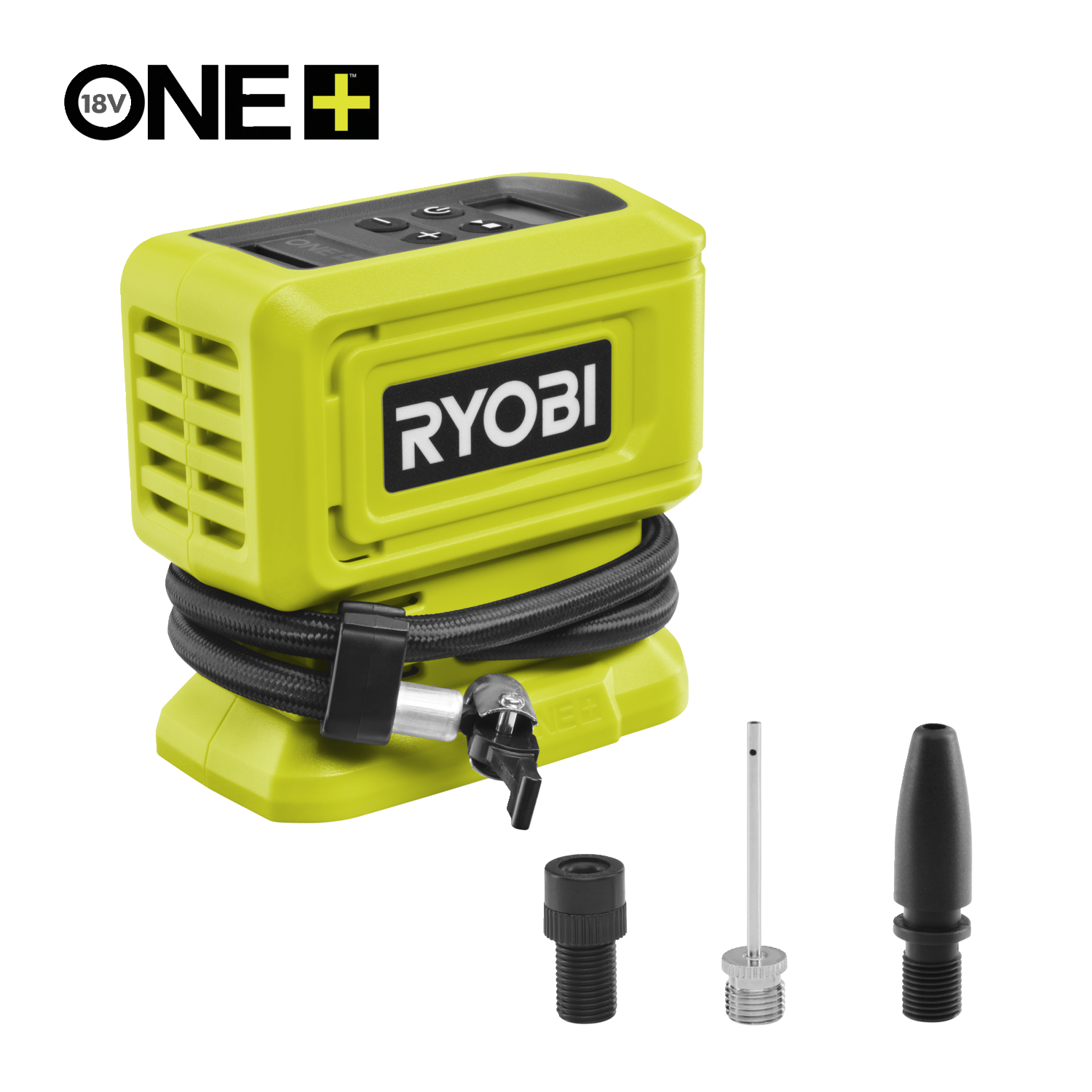 RYOBI 18V ONE accu-handcompressor R18PI-120GJ (luchtstroom 16 l/min, max. druk 10,34 bar, incl. 3 opzetstukken voor auto-, fietsbanden en meer, 1x 2Ah lithium accu & 1 x 2,0 Ah snellader