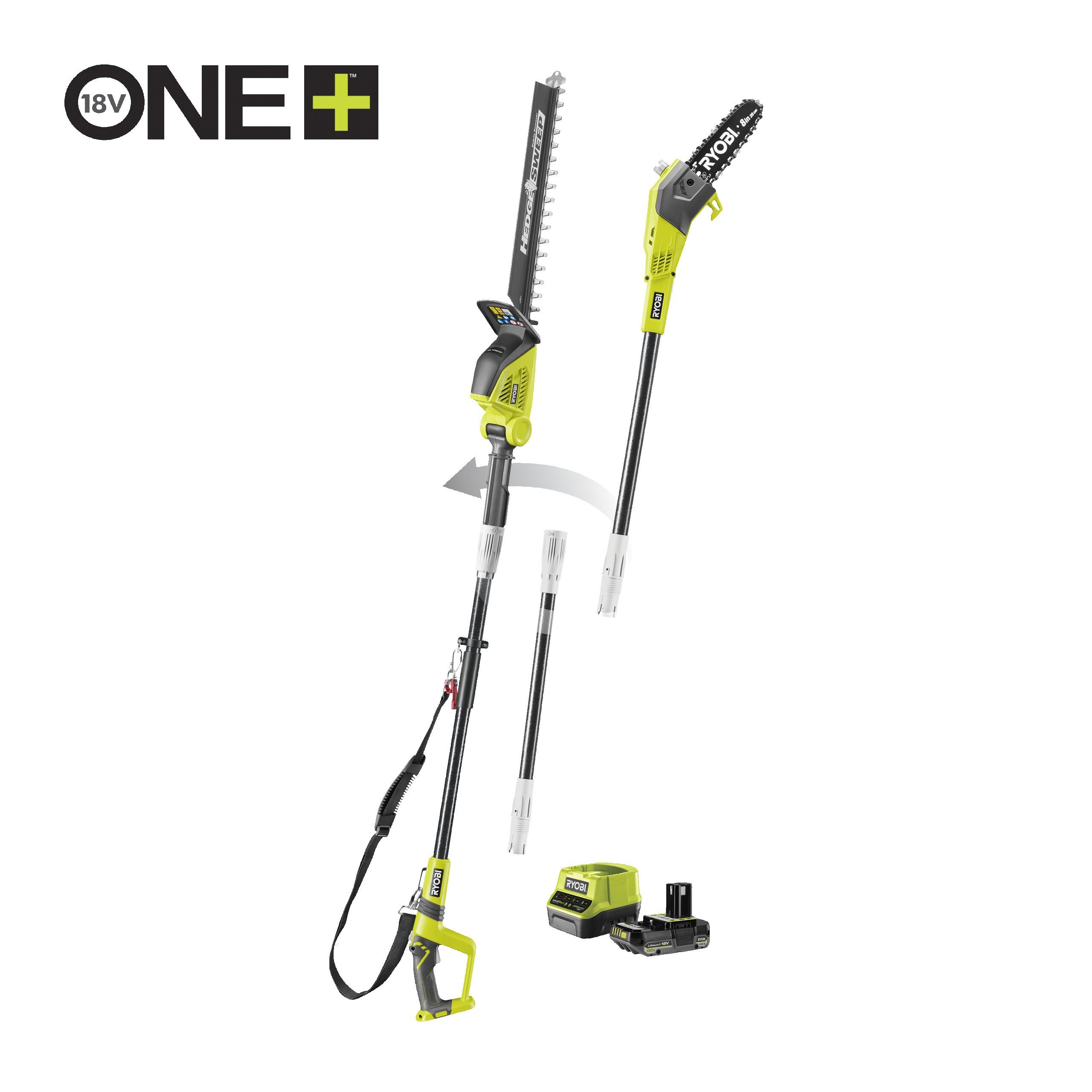 Ryobi Piła na wysięgniku 20 cm ONE+™ 18V i nożyce do żywopłotu na wysięgniku 45 cm z włókna szklanego w zestawie z akumulatorem 2.0Ah i ładowarką RPP1820PT1845-120