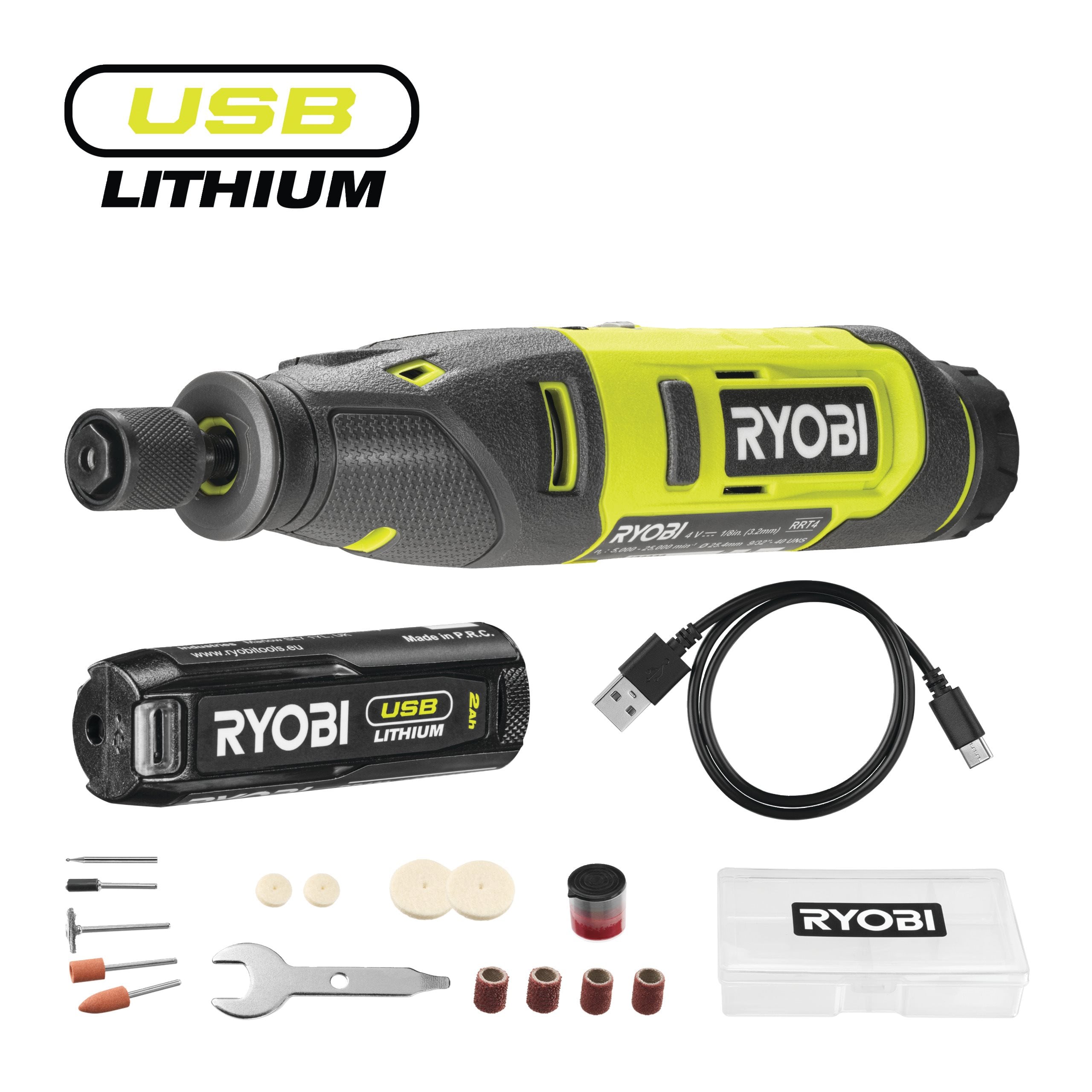 Ryobi Multierramienta rotativa 4V USB Lithium™con 15 accesorios (1x 2.0Ah) · RRT4-120GA15