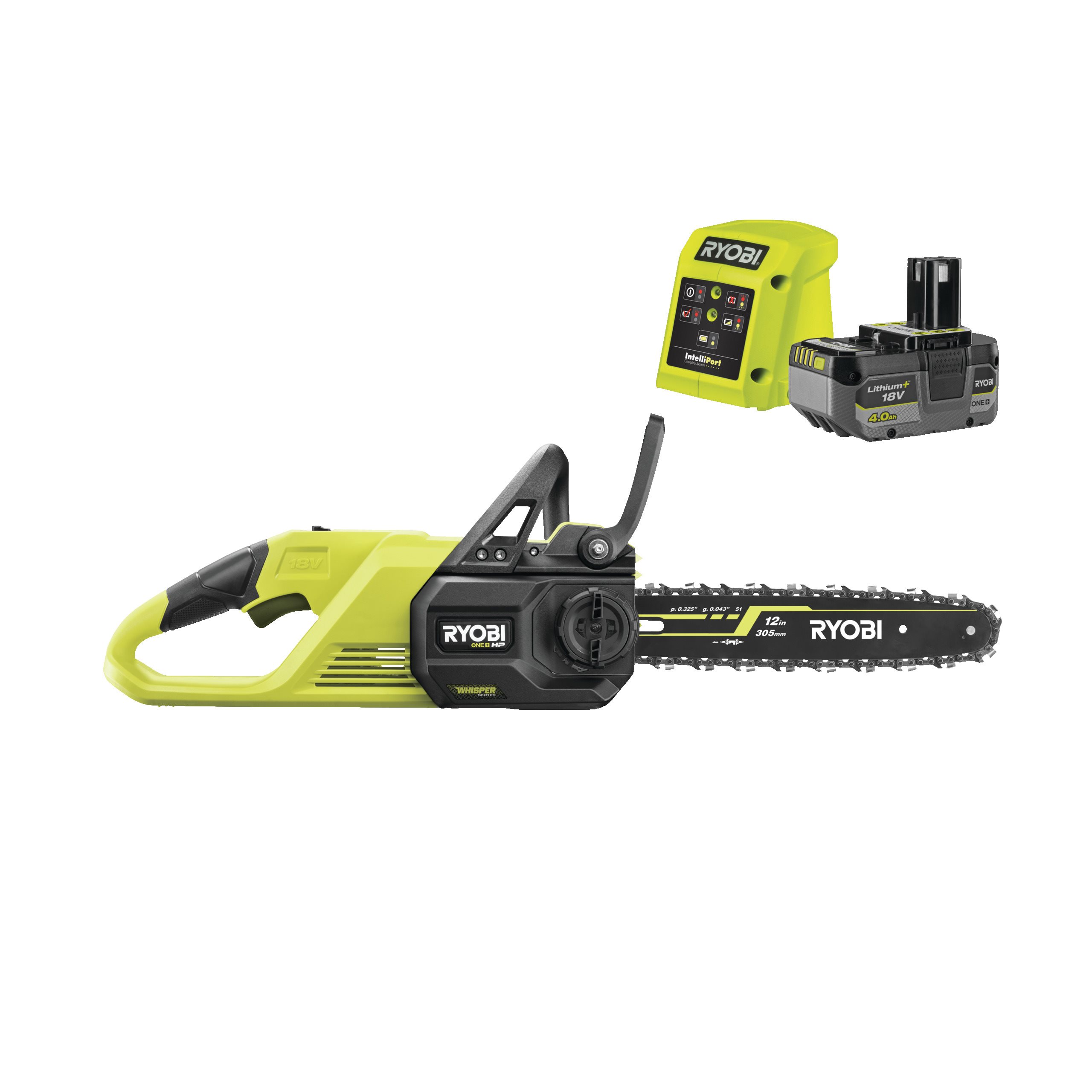 Piła łańcuchowa 30cm WHISPER™ 18V ONE+™ HP w zestawie z akumulatorem 4.0Ah i ładowarką 1.5Ah