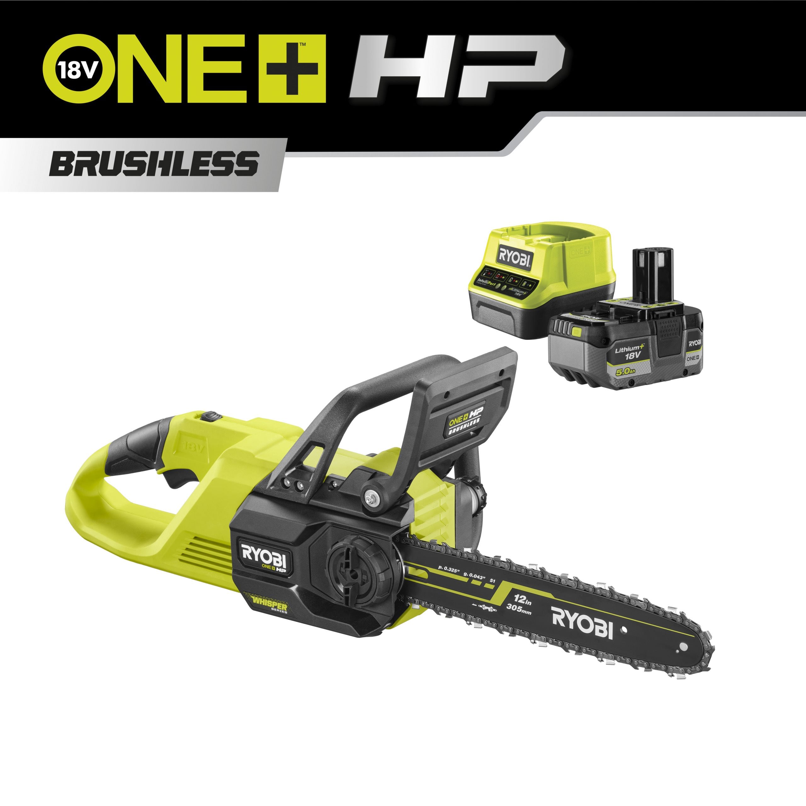 Ryobi Piła łańcuchowa 30cm WHISPER™ 18V ONE+™ HP w zestawie z akumulatorem 5.0Ah i ładowarką RY18CSX30A-150