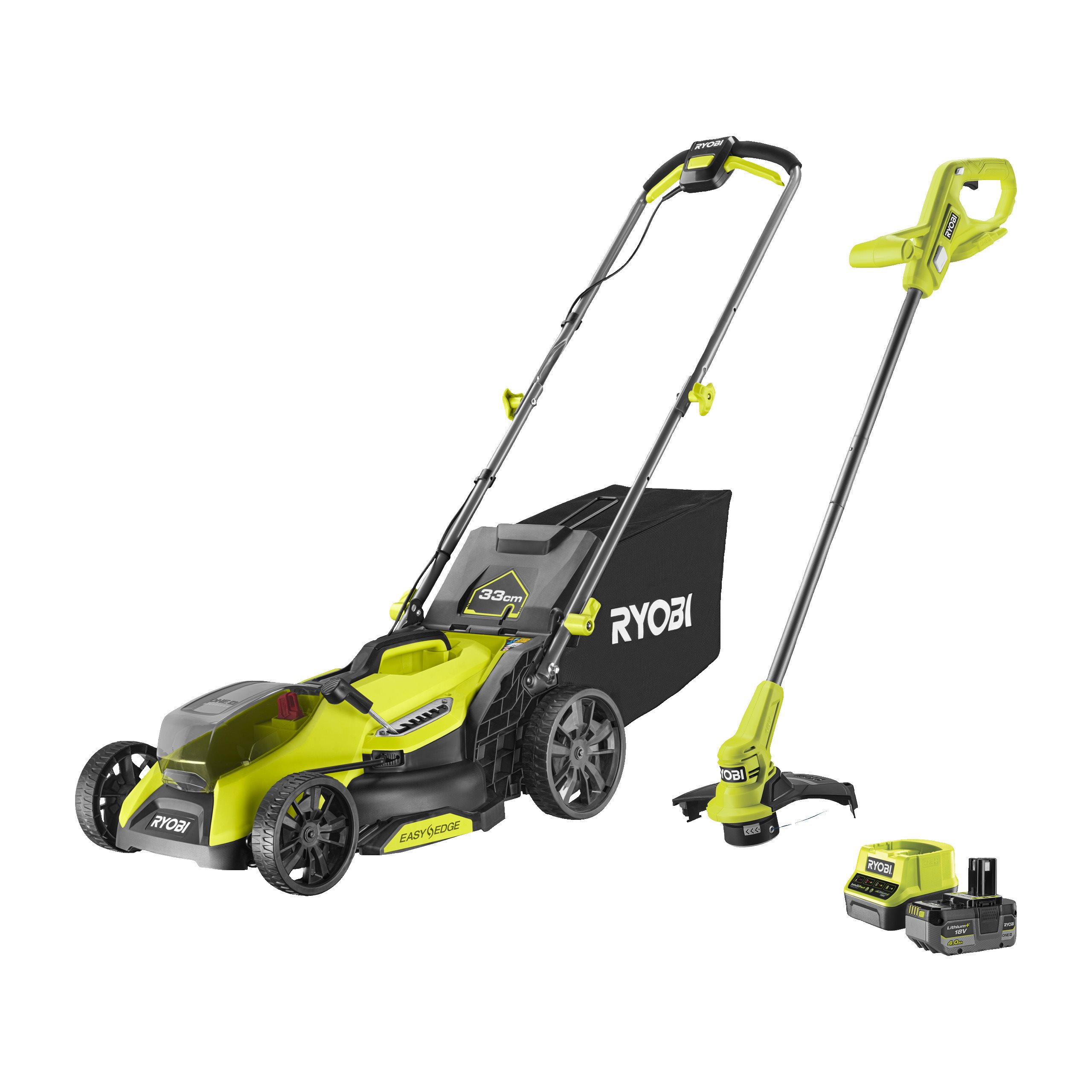 Ryobi Green/Light 18V One+ Hp Cordless Brushless 33Cm Lawnmower & 23Cm Grass Trimmer (1 X 4.0Ah)
