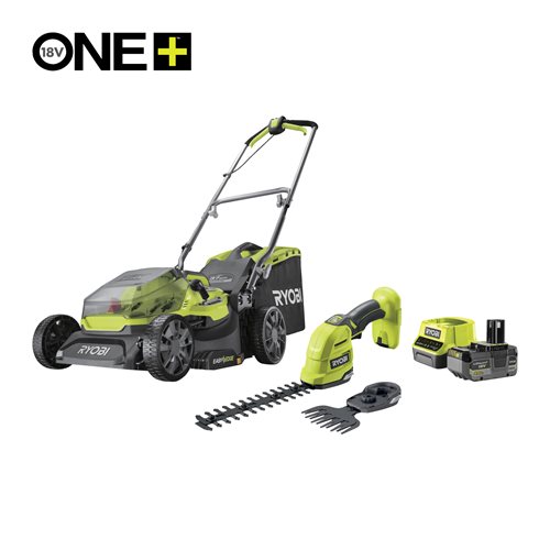 Ryobi 18V ONE+™ Brushless 37cm Lawnmower and Brushed Grass Shearer (1 x 5.0Ah and charger)_hero