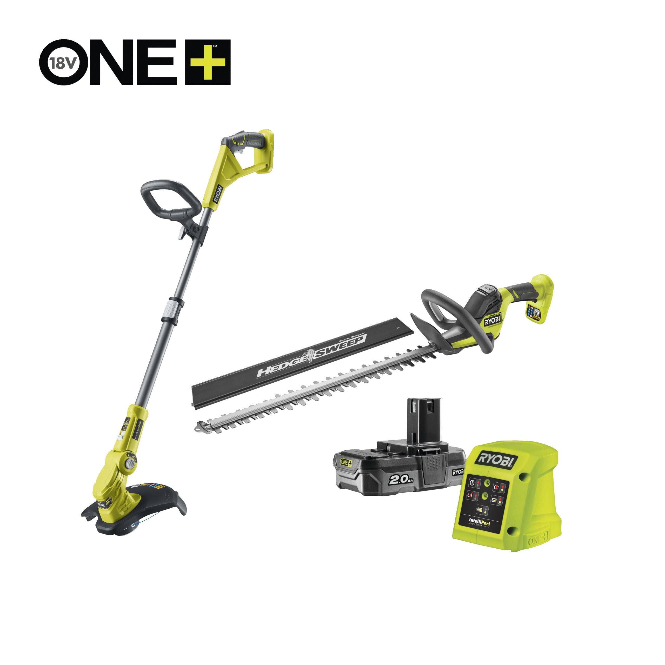 Ryobi Nożyce do żywopłotu 55cm i podkaszarka 30cm 18V ONE+™ w zestawie z akumulatorem 2.0Ah i ładowarką RY18LT18HTA-120