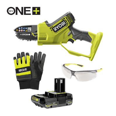 Motosierra eléctrica para podar sin escobillas de 10 cm 18V ONE+™ HP con guantes de motosierra grandes y gafas de seguridad