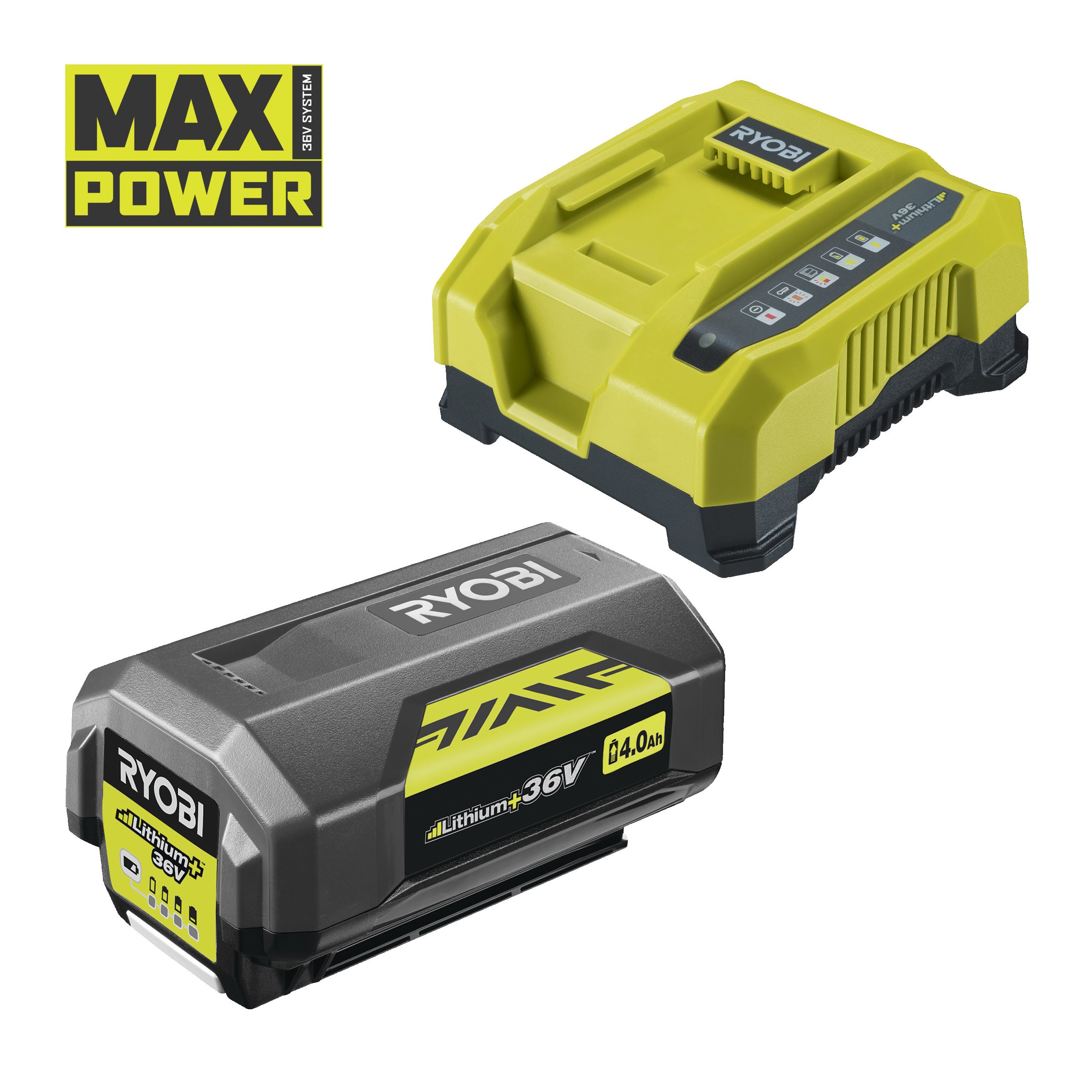 RYOBI Kit Batterie et Chargeur 36V Max Power RY36BC17A 140 – Batterie Lithium+ 4 0 Ah + Chargeur Rapide Compatible Tondeuse Souffleur Taille Haie Tronçonneuse et Entretien du Jardin - vue 3