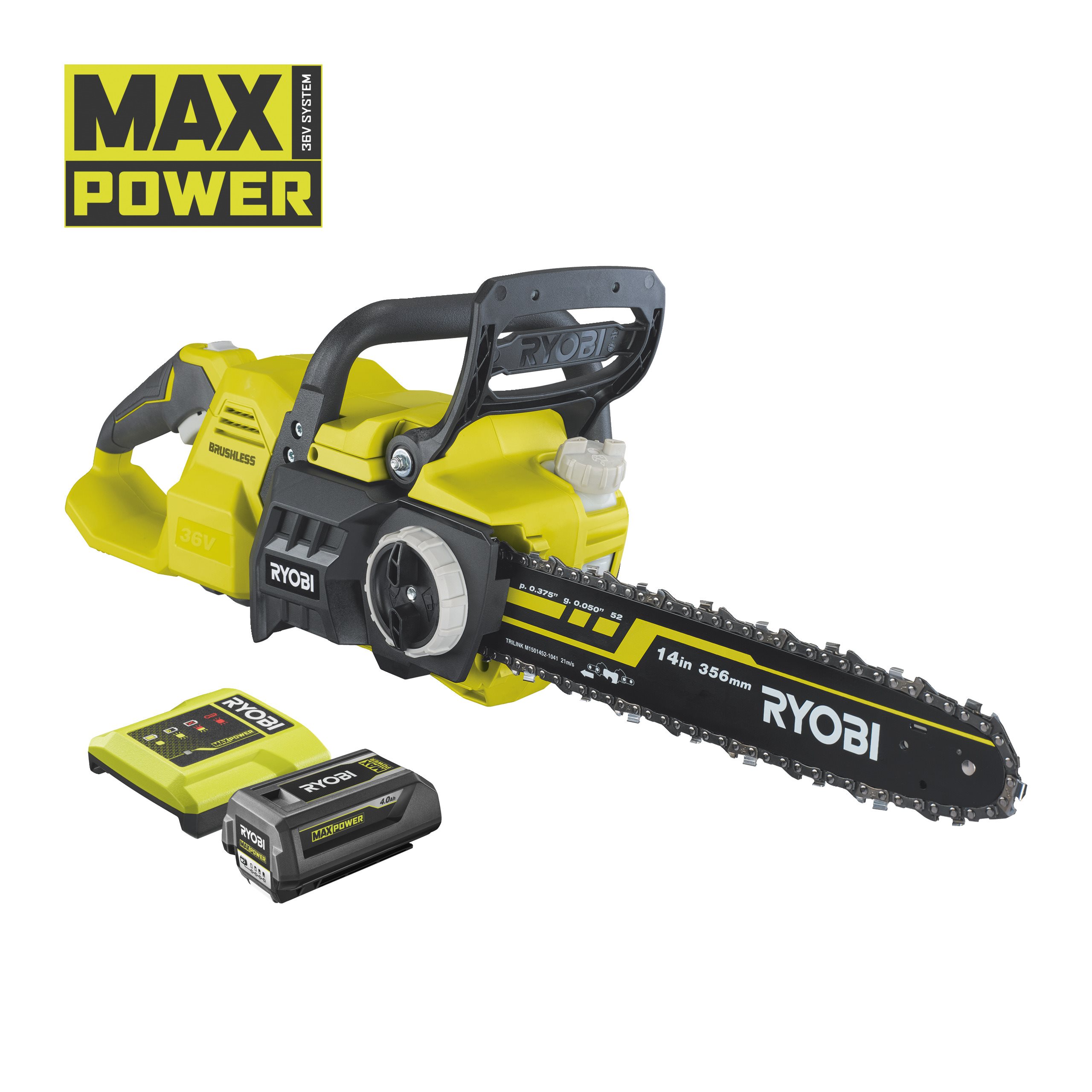 Tronçonneuse Brushless 36V RYOBI chaîne 35 cm Batterie 4 0Ah et chargeur RY36CSX35A 140 - vue 3
