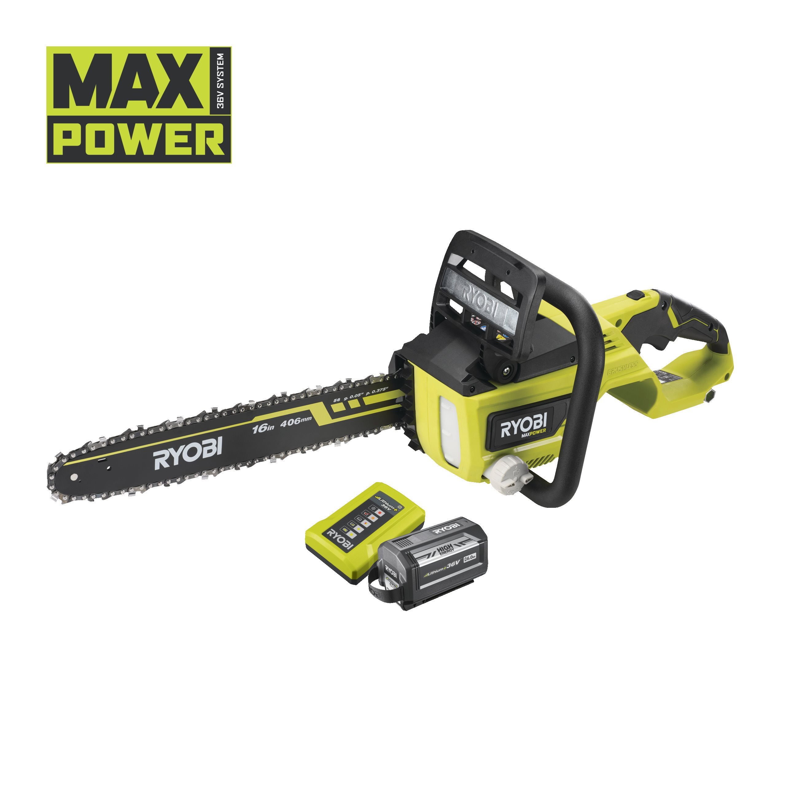Ryobi Piła łańcuchowa 40cm akumulatorowa bezszczotkowa 36V MAX POWER w zestawie z akumulatorem 6.0Ah i ładowarką RY36CSX40B-160