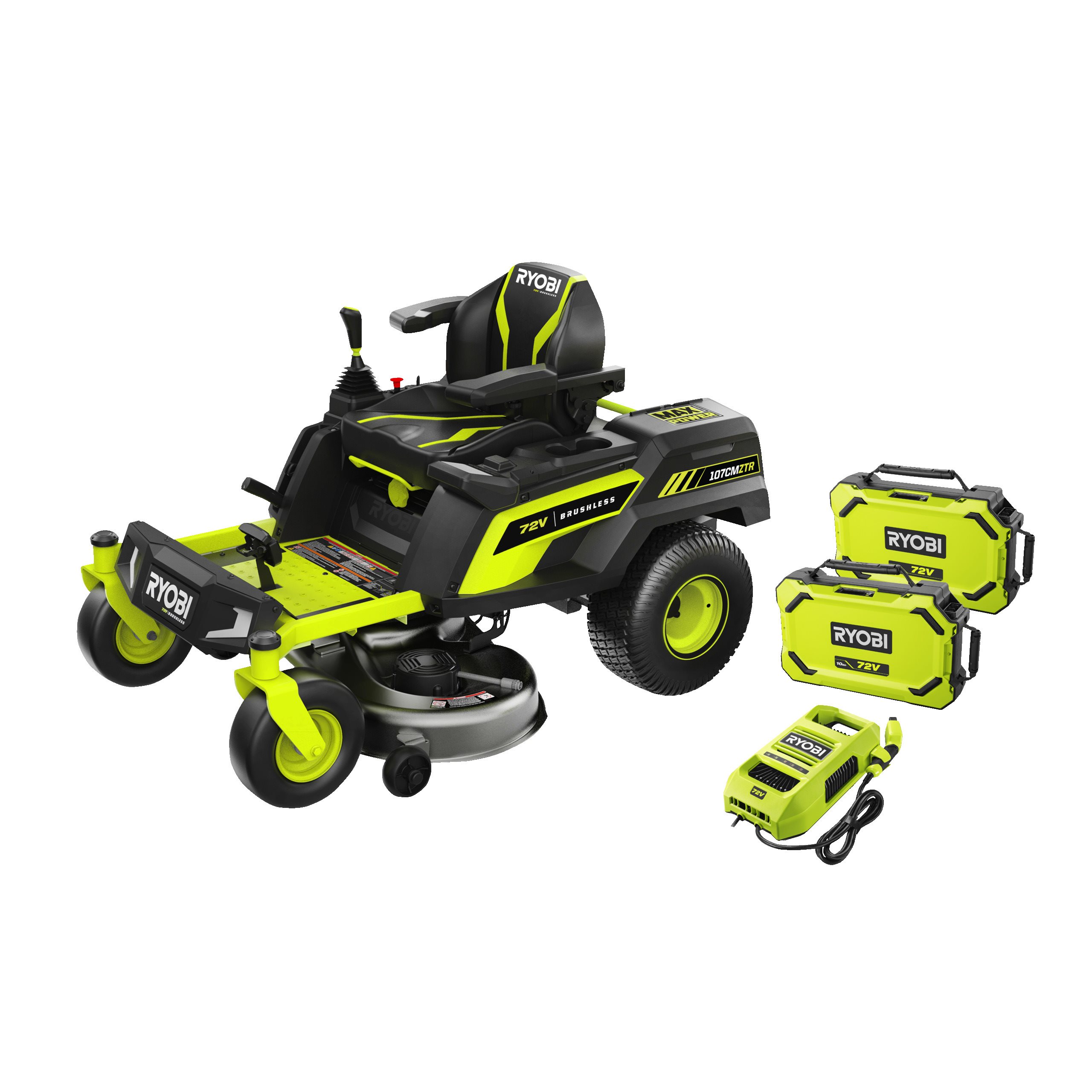 72 V Brushless Akku-Nullwendekreismäher, Schnittbreite 107 cm, inkl. 2 x 72  V 10,0 Ah Lithium+ Akkus und Ladegerät | Ryobi